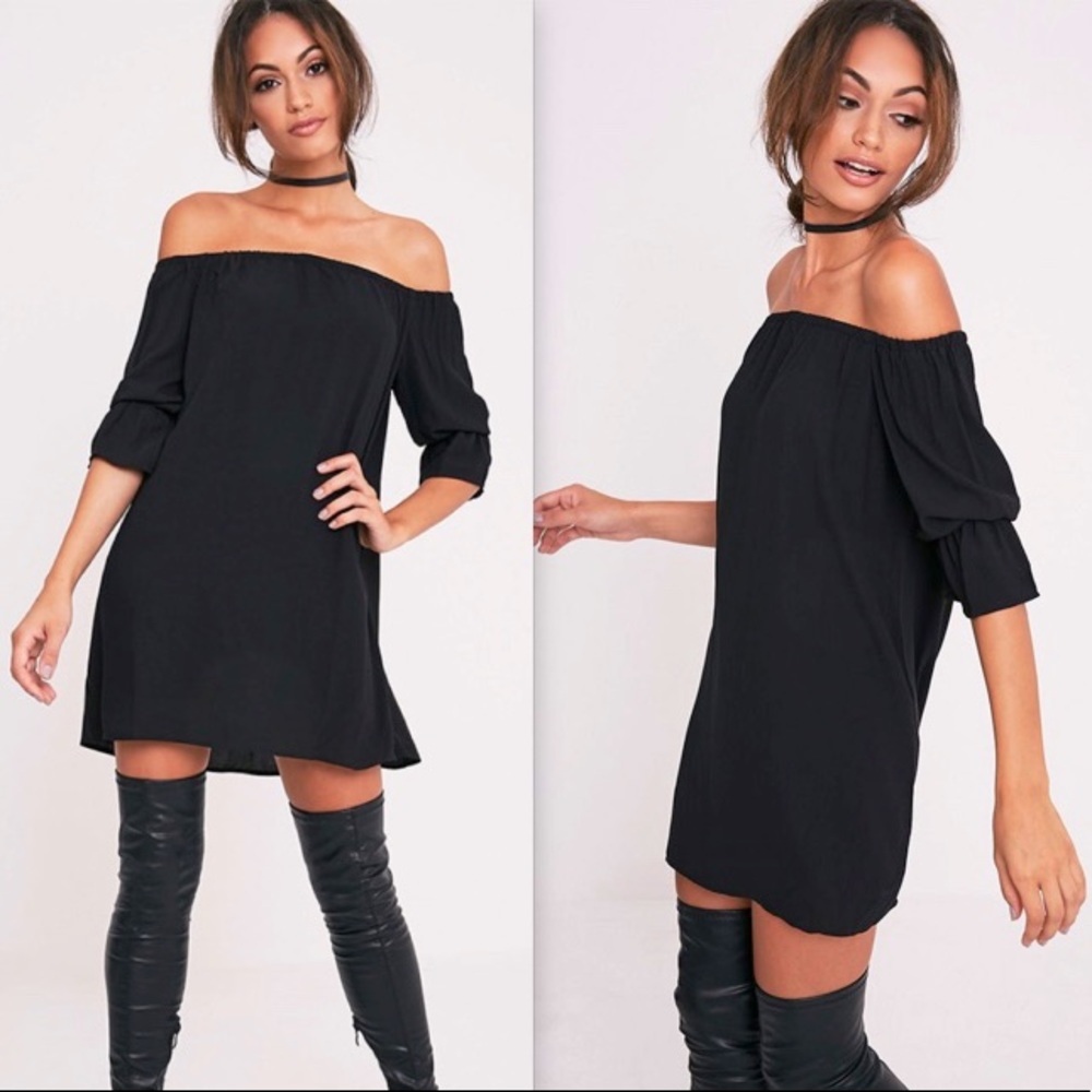 PrettyLittleThing Black Curved Hem Bardot Dress 0
